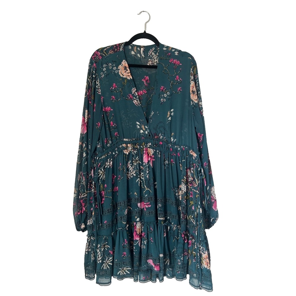 Free People Cherry Blossom Mini Dress Size‎ L Emerald Green Floral Babydoll